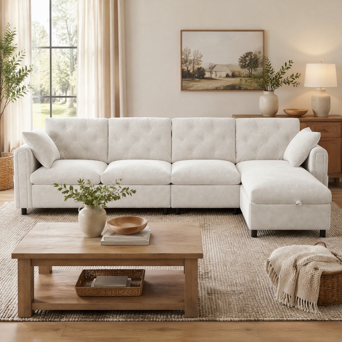 MODENUIT Hoekbank 281 x 132 x 86 cm - Met Slaapfunctie en Opbergruimte - Woonkamer - Fluweel Beige