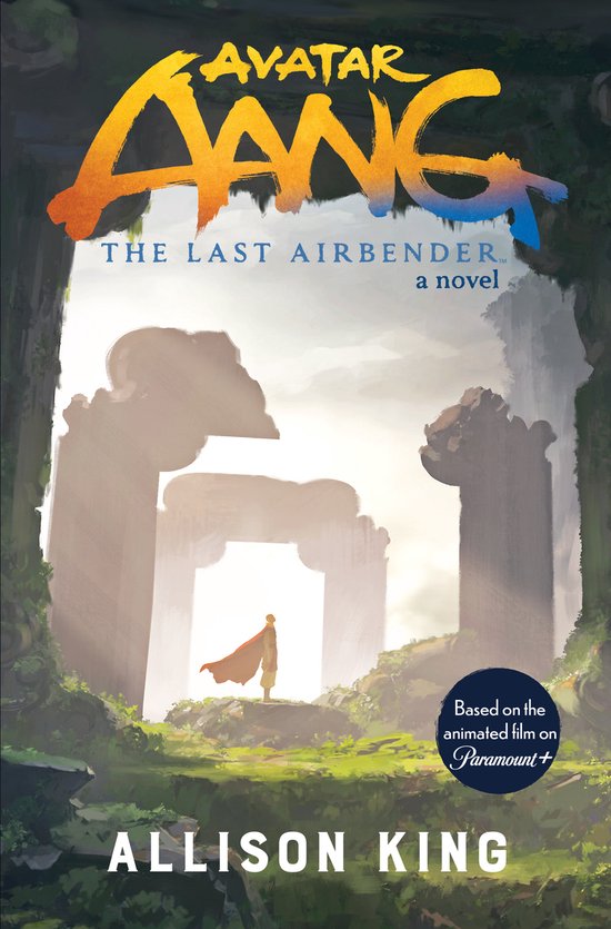 Boekomslag van "Avatar: The Last Airbender" door Allison King, met Aang in een rood-oranje cape die staat voor ruïnes.