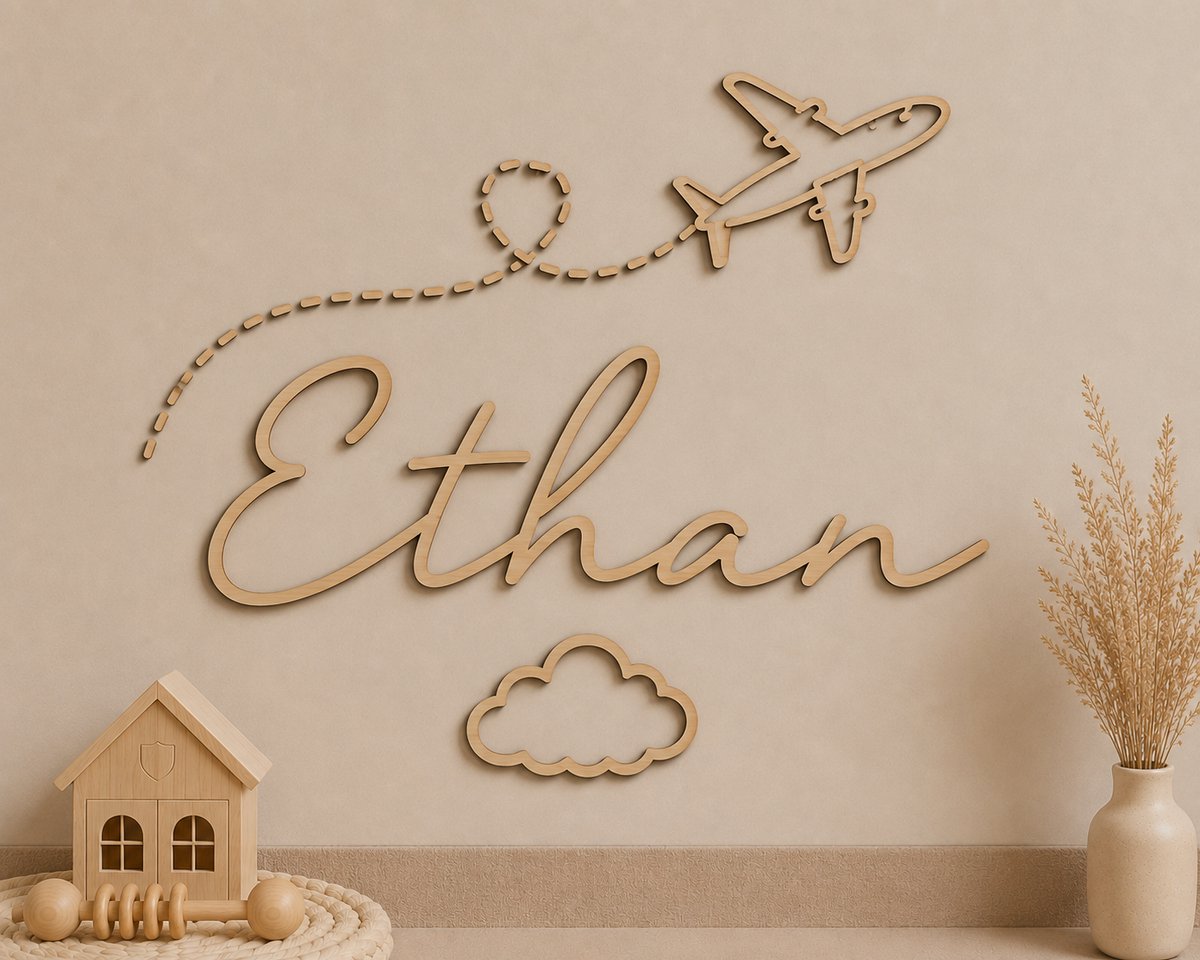 Gepersonaliseerde Houten Naamdecoratie met Vliegtuig – 50 x 25 cm – Wanddecoratie Babykamer & Kinderkamer – 5 mm Hout – Uniek Kraamcadeau