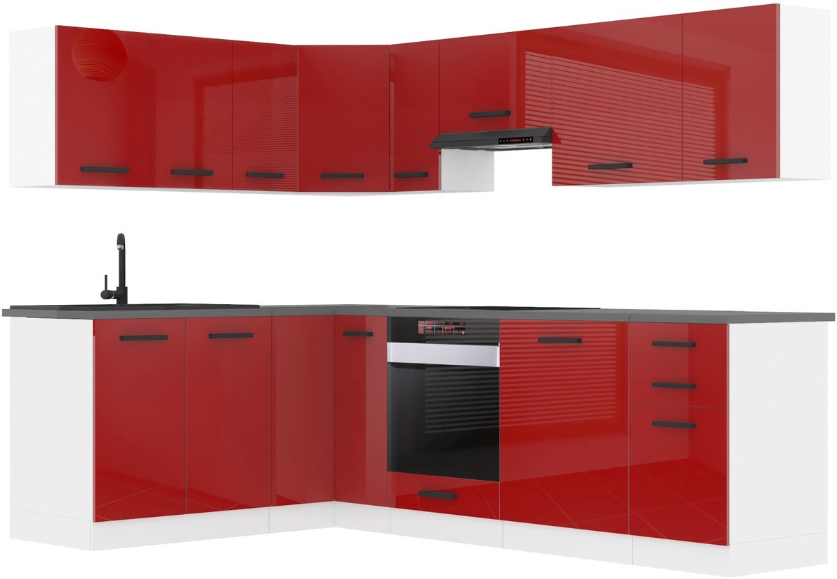 BELINI L-Vorm Keukenblok JANET - Keukenmeubel Set 360 cm Rood Hoogglans zonder Werkbladen - Boven- en Onderkasten