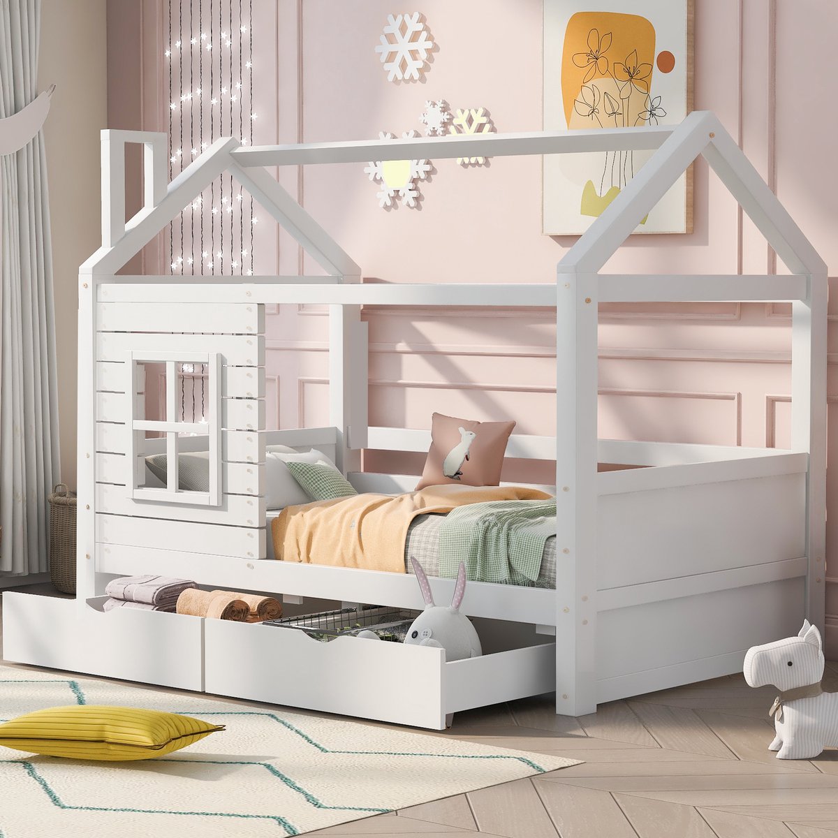 Kinderbed 90x200 cm - Houten Huisbed Met Laden Veiligheidsrek Wit