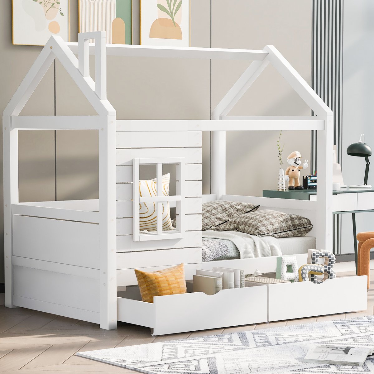 Huisbed 80x160 cm - Massief Houten Kinderbed Met Opbergladen Wit
