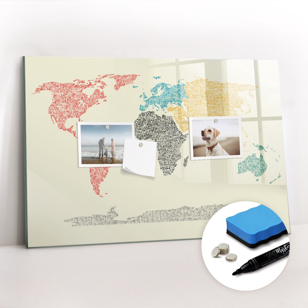 Tulup Whitebord - Een wereldkaart gemaakt van letters - 60 x 40 cm - Veelkleurig Magneetbord Foto - Gratis 5 Sterke Magneten + Whiteboard Marker & Wisser - Decoratief Magnetisch Bord - Magnetic Board - Productiviteit Tools