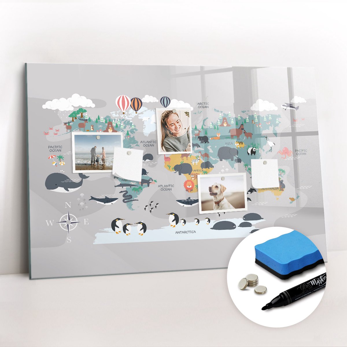 Tulup Whitebord - Cartoonkaart - 90 x 60 cm - Veelkleurig Memobord Keuken - Gratis 5 Sterke Magneten + Whiteboard Marker & Wisser - Organizer Muur - Magnetisch Wandbord - Planning Muur