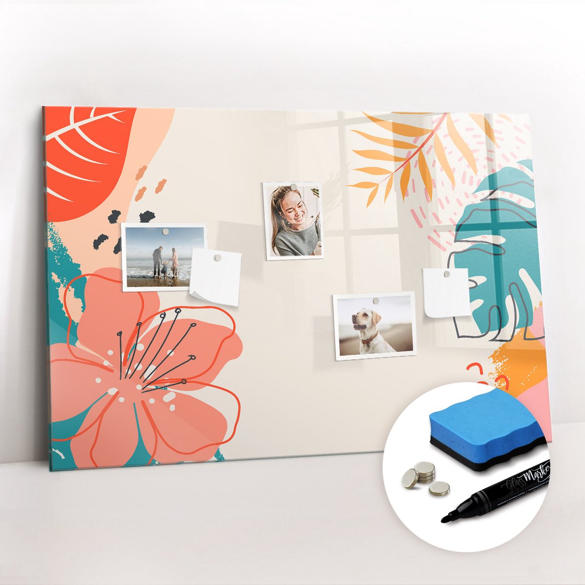Tulup Whitebord - Hawaiiaanse planten - 90 x 60 cm - Veelkleurig Magnet Board - Gratis 5 Sterke Magneten + Whiteboard Marker & Wisser - Moderne Wanddecoratie - Magnetisch Bord Kind - Notitiebord Werkplek
