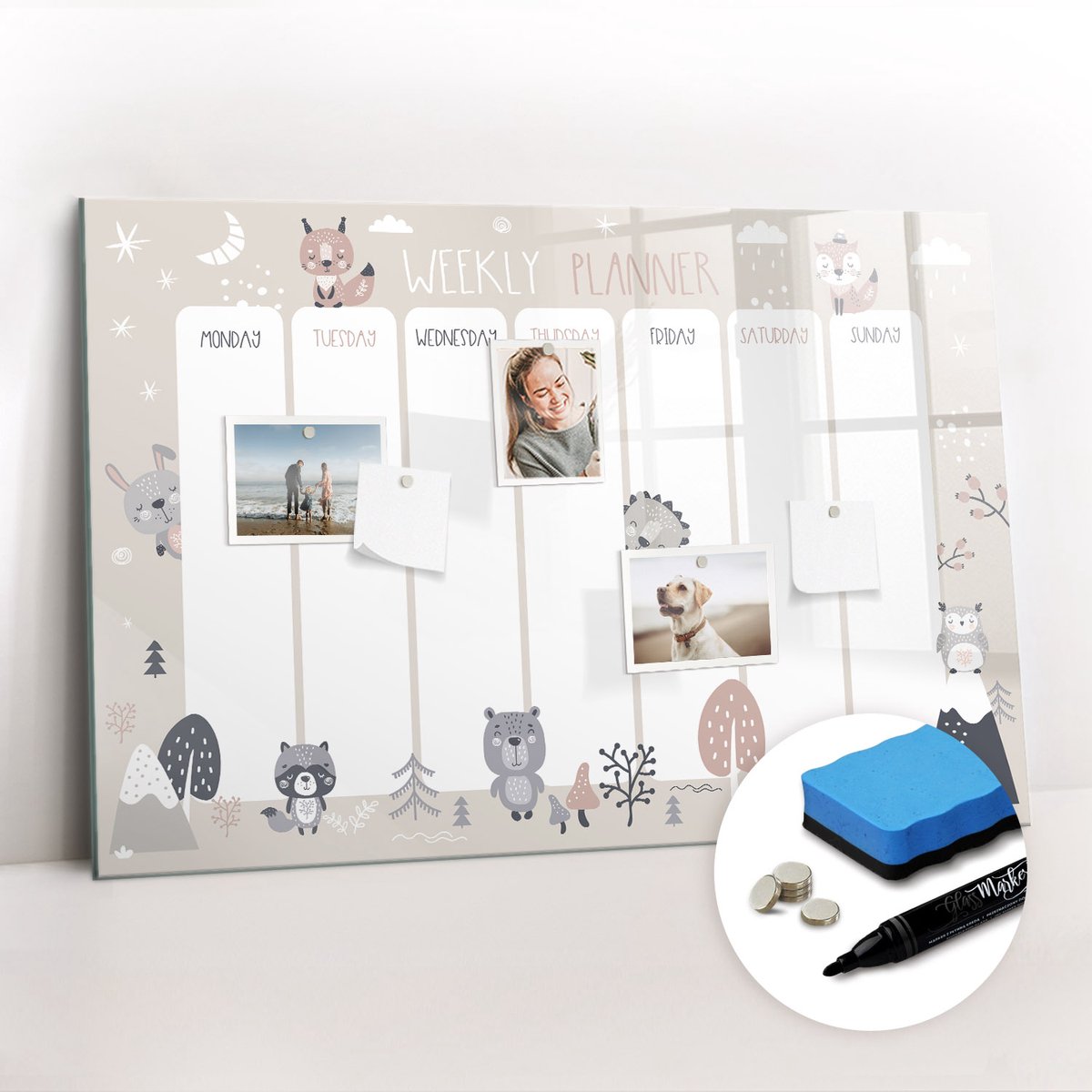 Tulup Whitebord - Dierenplanner - 90 x 60 cm - Veelkleurig Magneetbord Design - Gratis 5 Sterke Magneten + Whiteboard Marker & Wisser - Organizer Muur - Memo Bord - Notitiebord Werkplek