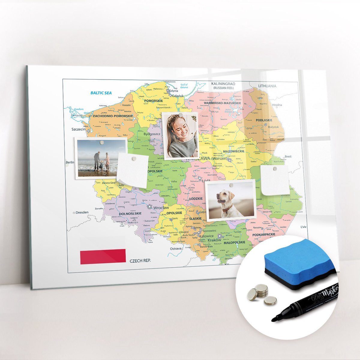 Tulup Whitebord - Geografische kaart van Polen - 90 x 60 cm - Veelkleurig Memobord Keuken - Gratis 5 Sterke Magneten + Whiteboard Marker & Wisser - Scandinavisch Design Bord - Magnetisch Wandbord - Organiseer Je Bureau