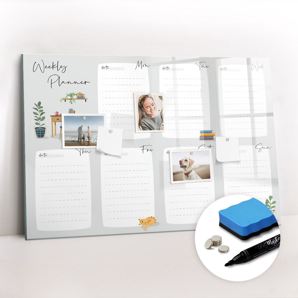 Tulup Whitebord - Gezellige weekplanner - 90 x 60 cm - Veelkleurig Memobord Magnetisch - Gratis 5 Sterke Magneten + Whiteboard Marker & Wisser - Industrieel Wandbord - Magneetbord Foto - Productiviteit Tools