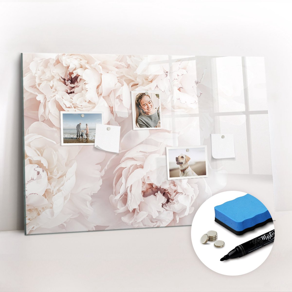 Tulup Whitebord - Pioenrozen - 90 x 60 cm - Roze Magneetbord Design - Gratis 5 Sterke Magneten + Whiteboard Marker & Wisser - Design Memobord - Memo Bord - Ideeënbord Thuiswerkplek