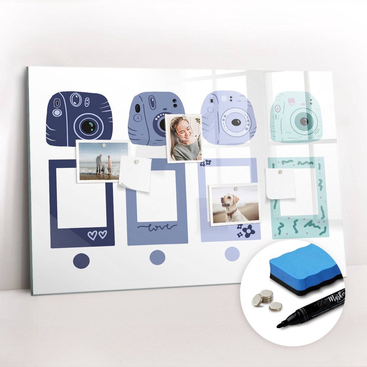 Tulup Whitebord - Polaroid-frames - 90 x 60 cm - Blauw Memobord Magnetisch - Gratis 5 Sterke Magneten + Whiteboard Marker & Wisser - Scandinavisch Design Bord - Memobord Keuken - Organiseer Je Bureau