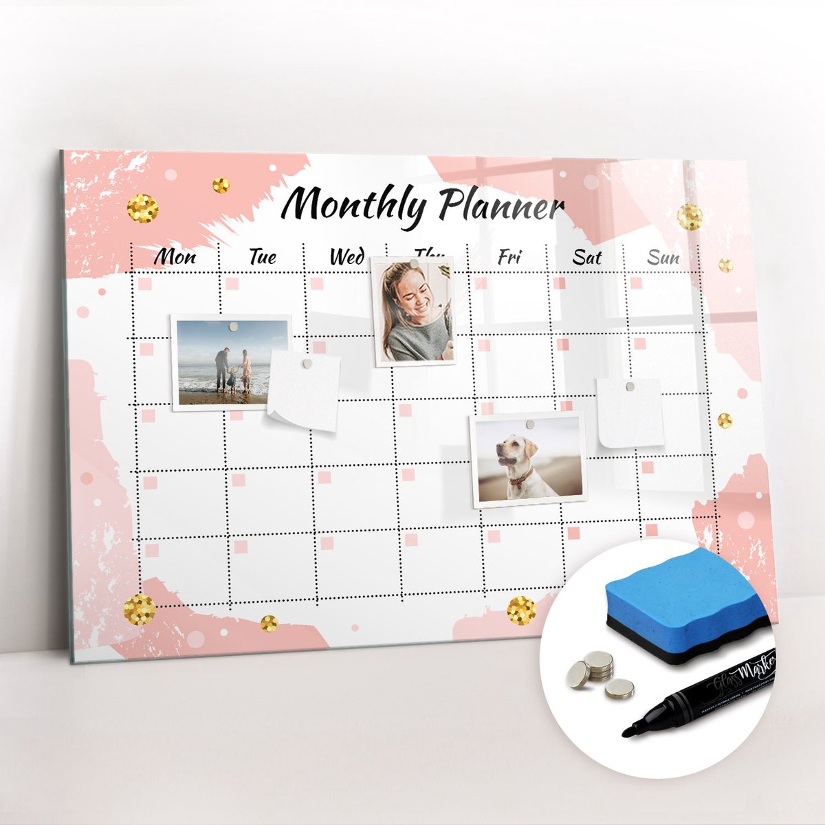 Tulup Whitebord - Klassieke maandplanner - 90 x 60 cm - Roze Magneetbord Keuken - Gratis 5 Sterke Magneten + Whiteboard Marker & Wisser - Interieur Accessoires Kantoor - Foto Magneetbord - Productiviteit Tools
