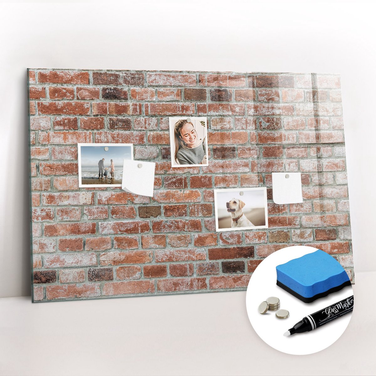 Tulup Whitebord - bakstenen muur - 90 x 60 cm - Bruin Memo Bord - Gratis 5 Sterke Magneten + Whiteboard Marker & Wisser - Design Memobord - Memo Bord - Ideeënbord Thuiswerkplek