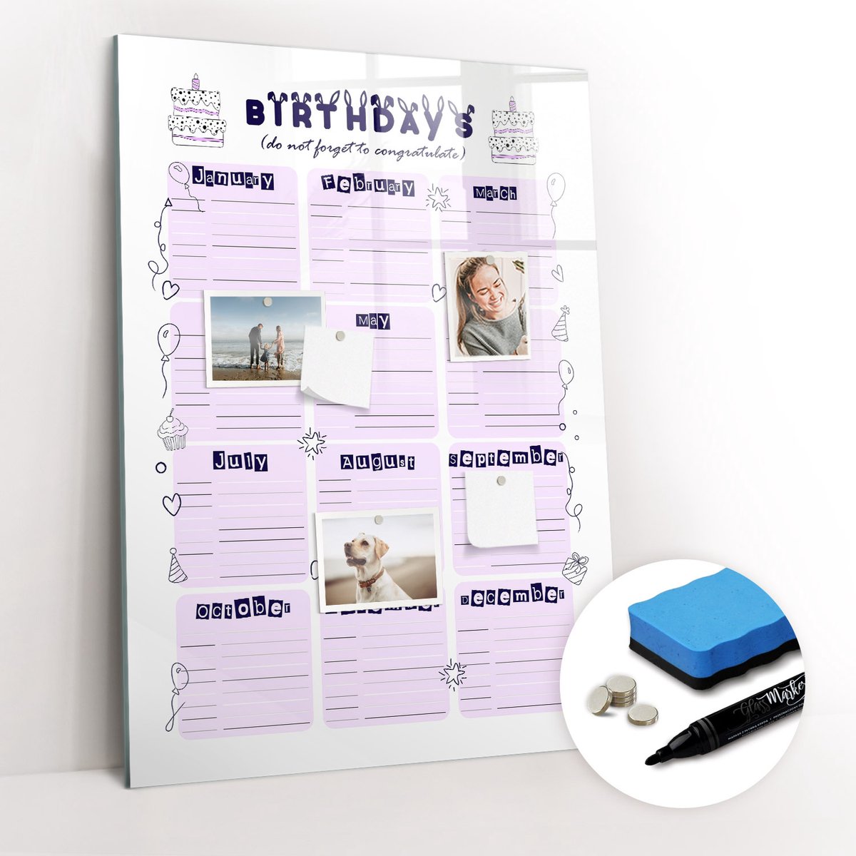 Tulup Whitebord - Verjaardagsplanner - 70 x 100 cm - Roze Magnetisch Bord Kind - Gratis 5 Sterke Magneten + Whiteboard Marker & Wisser - Wanddecoratie Kantoor - Magnetisch Wandbord - Ideeënbord Thuiswerkplek