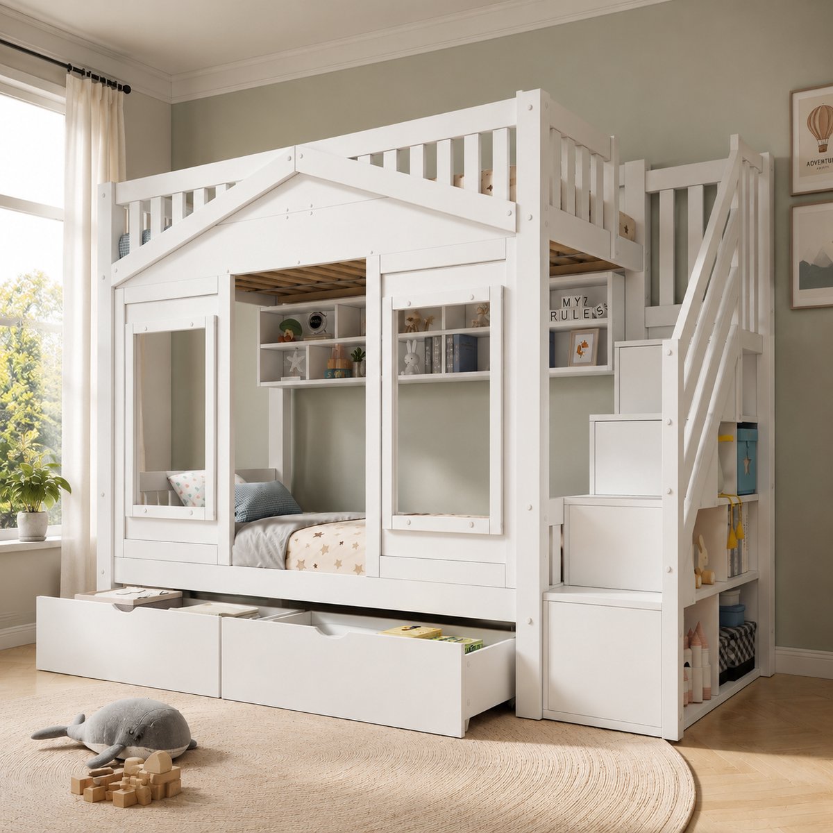 Etagenbed met Stauraum - Modern Kinderbed 90x200cm - Massief Pijnbomenhout - Wit