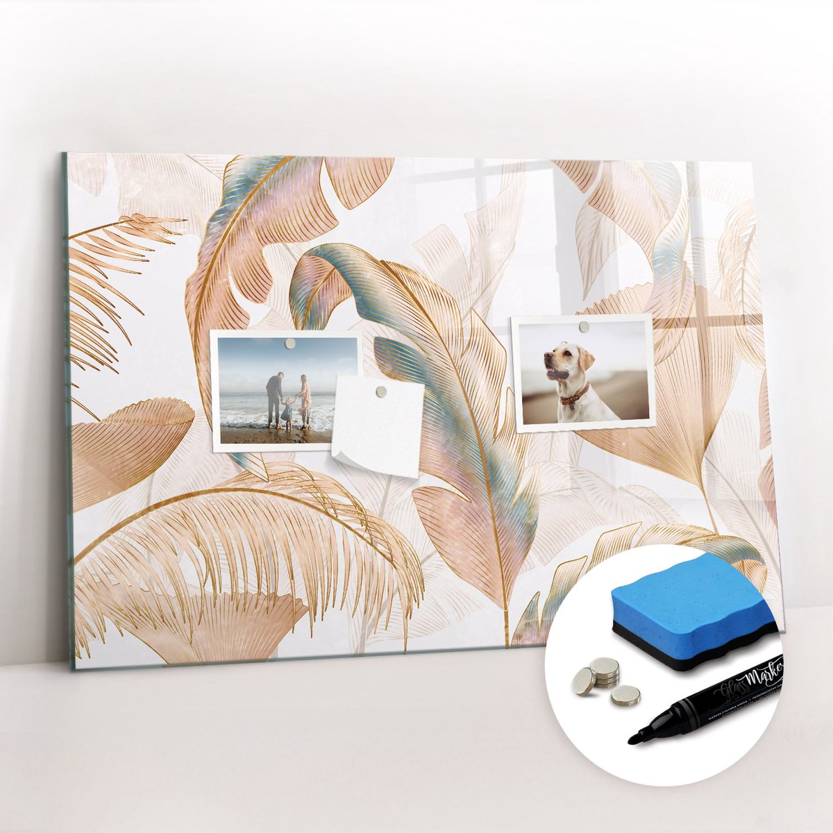 Tulup Whitebord - Natuurlijk bladpatroon - 60 x 40 cm - Veelkleurig Magnetisch Memobord - Gratis 5 Sterke Magneten + Whiteboard Marker & Wisser - Minimalistisch Prikbord - Magnetisch Memobord - Organiseer Je Bureau