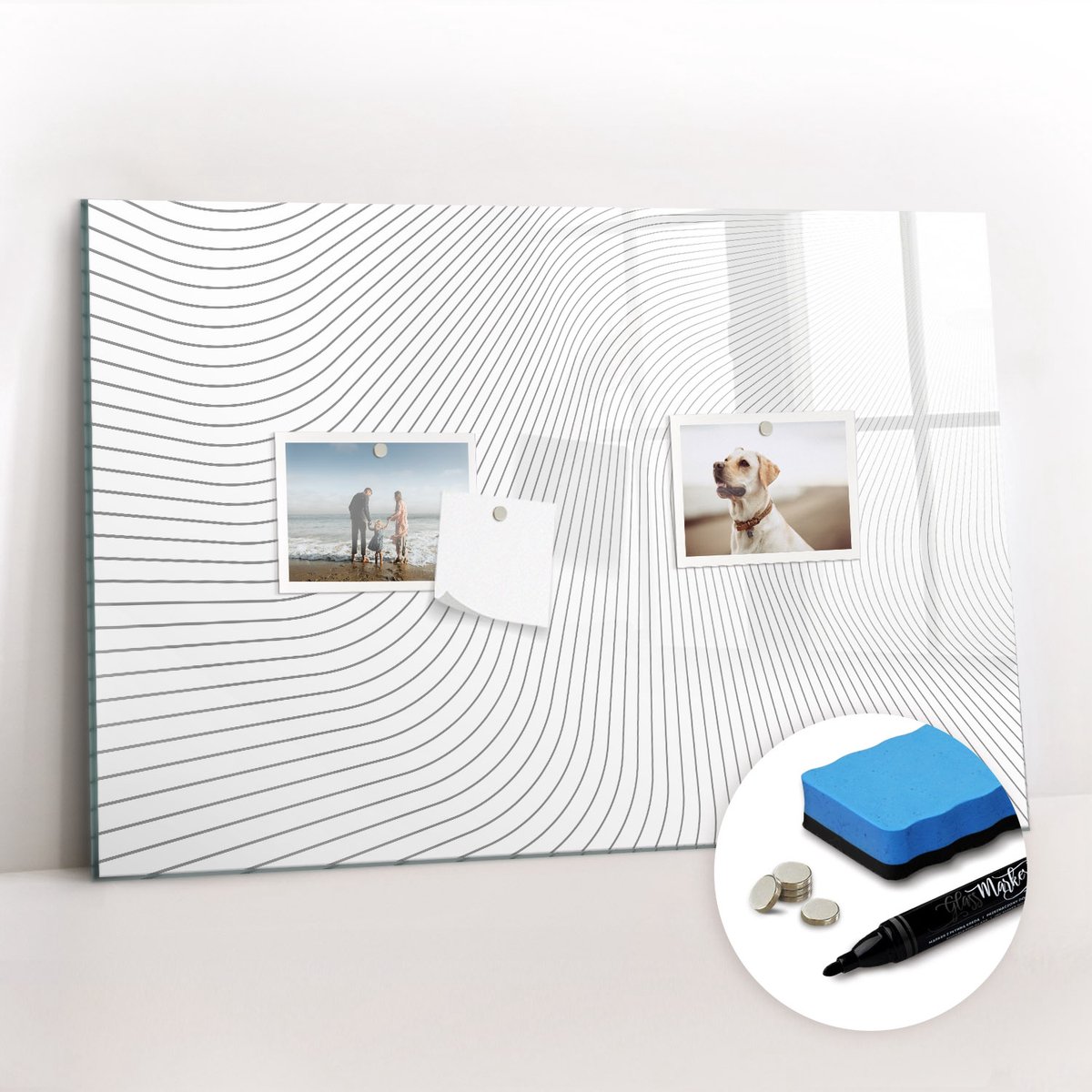 Tulup Whitebord - Abstracte lijnen - 60 x 40 cm - Zwart-wit Magneetbord Rechthoekig - Gratis 5 Sterke Magneten + Whiteboard Marker & Wisser - Minimalistisch Prikbord - Magnet Board - Planning Muur