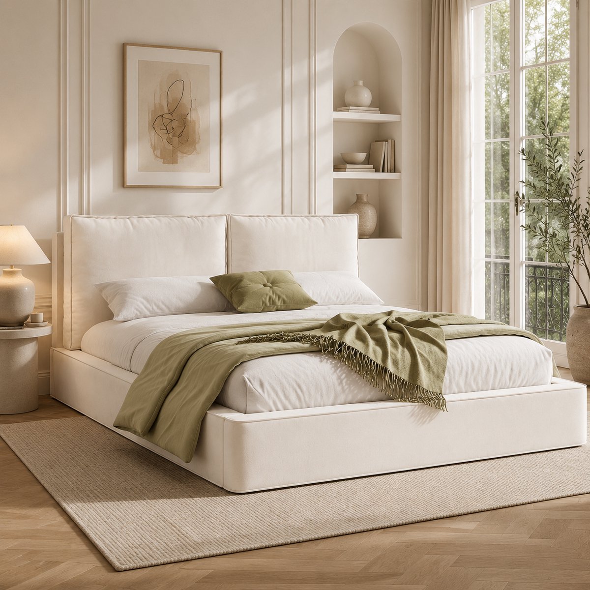 Polsterbed 160x200cm met gepolsterd Beige Chenille Kopfteil - Elegante Comfort