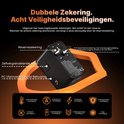 Zwarte Voltière wereldstekker met dubbele zekering en acht beveiligingen, met pijlen die de functies aangeven.