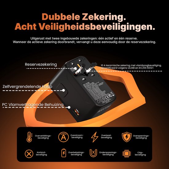 Zwarte Voltière wereldstekker met dubbele zekering en acht beveiligingen, met pijlen die de functies aangeven.