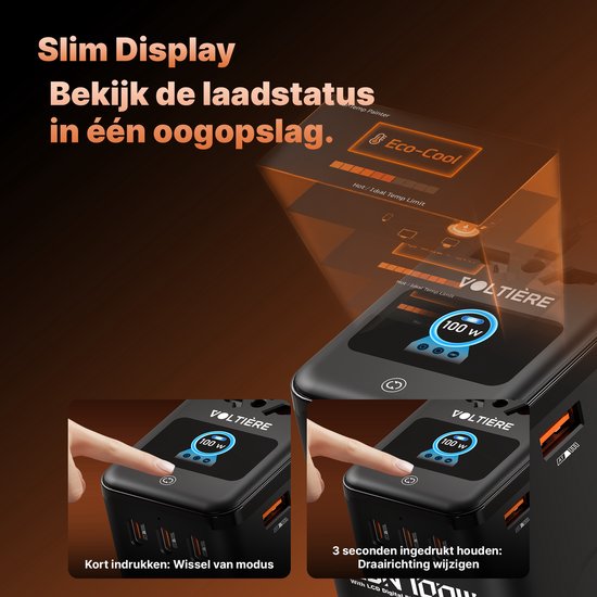 Zwarte Voltière oplader met een slim display dat de laadstatus weergeeft, met handen die de knoppen aanraken.