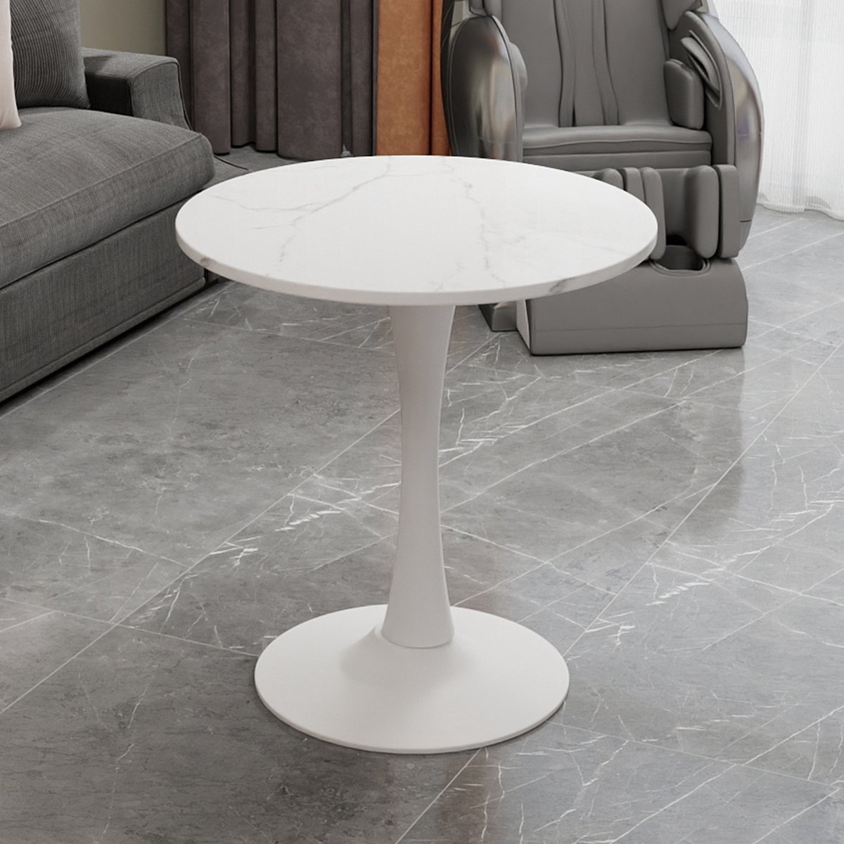 KOMHTOM - Ronde Salontafel en Eettafel - Mid-Century Modern Stijl - 27,6 Inch - Rond Marmeren Tafelblad met Witte Aders - Wit - Geschikt voor 2-4 Personen
