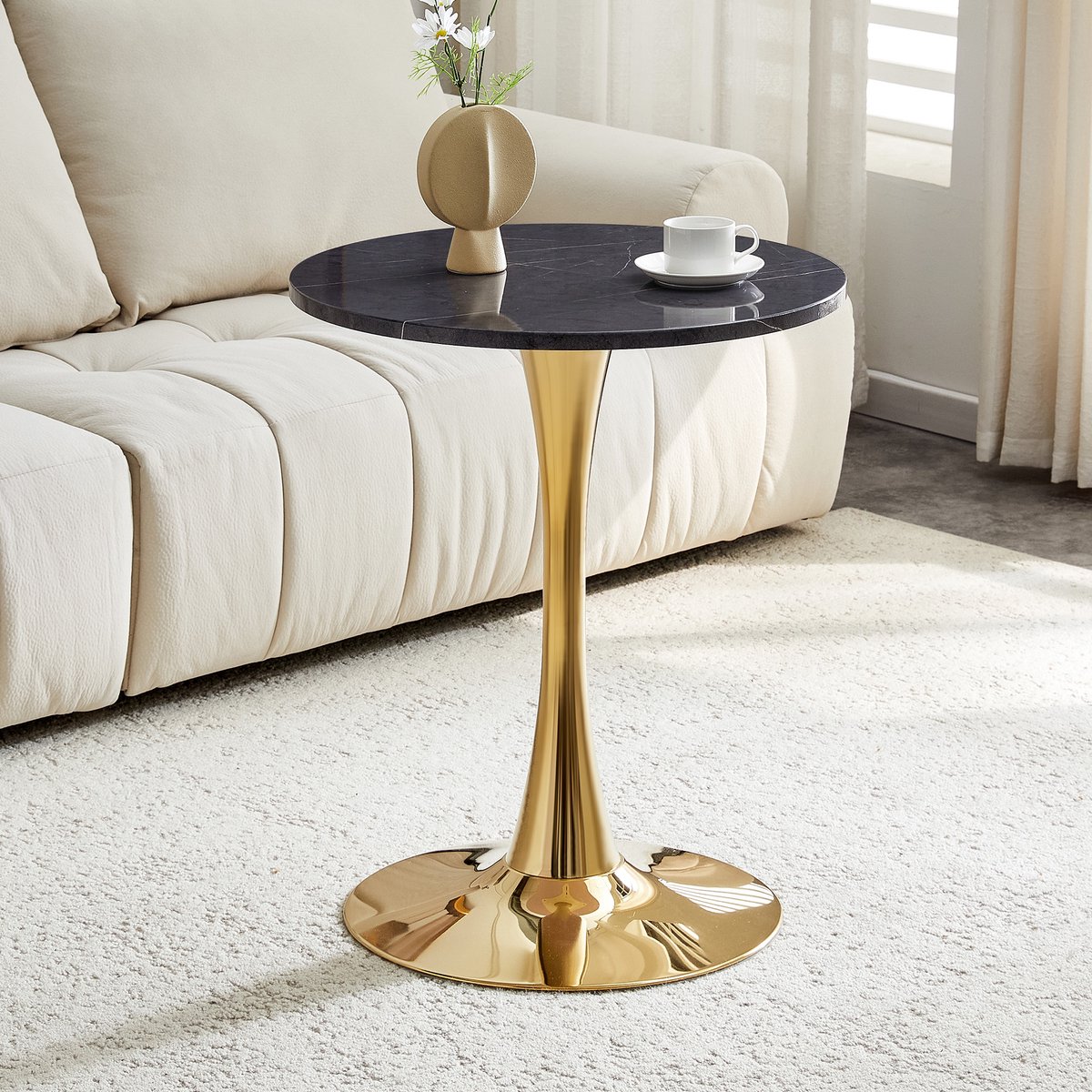 KOMHTOM - Ronde Bijzettafel en Kleine Eettafel - 60 cm MDF - Zwarte Marmerlook met Thermoform-technologie - Gouden Steunconstructie - Perfect voor Europese Woonruimtes