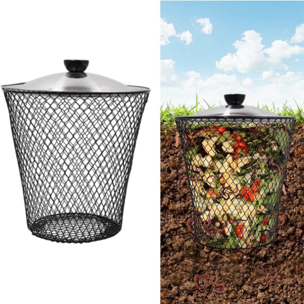 Vermicompostbak - Compostbak - Afgedekte compostbak voor in de grond - Geschikt voor achtertuinen en buiten - Zwart - 23,5*15*27 cm