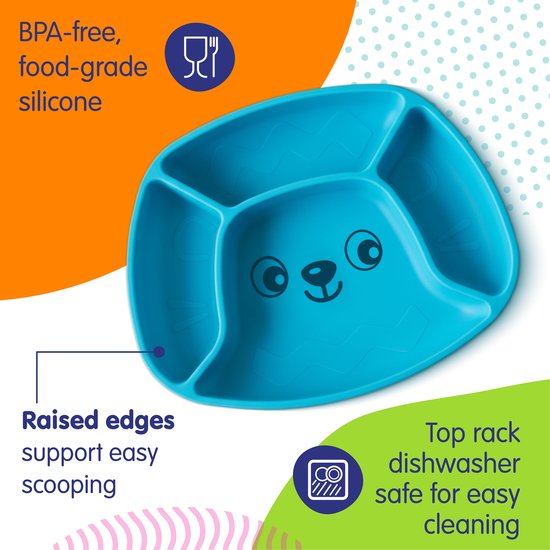 Playgro Stick & Snack Siliconen Zuignapbord - Blauw - 3 Vakken - BPA-vrij - Vaatwasser-, Magnetron- & Vriezerbestendig — afbeelding 4