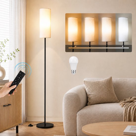 Staande lamp met linnen kap, bediend met afstandsbediening. Verstelbare helderheid en lichtkleur.