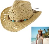 Cowboyhoed - Opengewerkte strohoed met zonbescherming - Stro cowboyhoed - Zonnehoed - Strandhoed - Hoed - Brede rand, vormbaar - 56-58 cm - Maat M - Unisex - Geschikt voor strand, reizen, zonbescherming, enz. - Beige