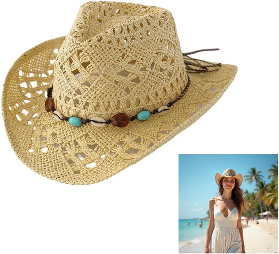 Beige strooien cowboyhoed met opengewerkt patroon, schelpen en turquoise kralen. Klein inzetbeeld van vrouw op strand.