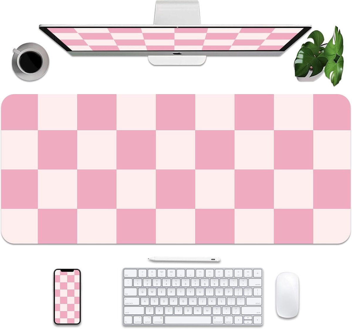SnelShoppen - Grote Muismat met PU Leer, Waterdichte Bureau Mat, Antislip Desk Pad voor Thuis en Kantoor, Roze Ruitpatroon 90 x 40 cm