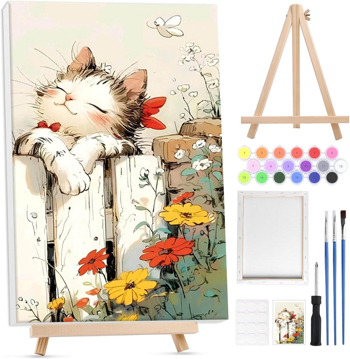 SnelShoppen - Schilderen op Nummer Kat Volwassenen met Lijst en Houten Easel - DIY Schilderpakket voor Volwassenen met Penseel en Acrylverf - Handgesc
