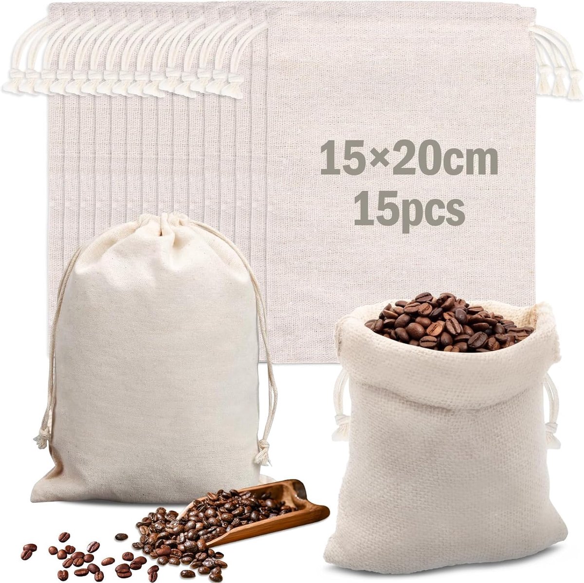 SnelShoppen - 15 Stuks Katoenen Trekzakken 20 x 15 cm, Jute Tassen, Linnen Tassen, Herbruikbare Cadeautassen voor Feest, Camping, DIY Projecten, Katoe