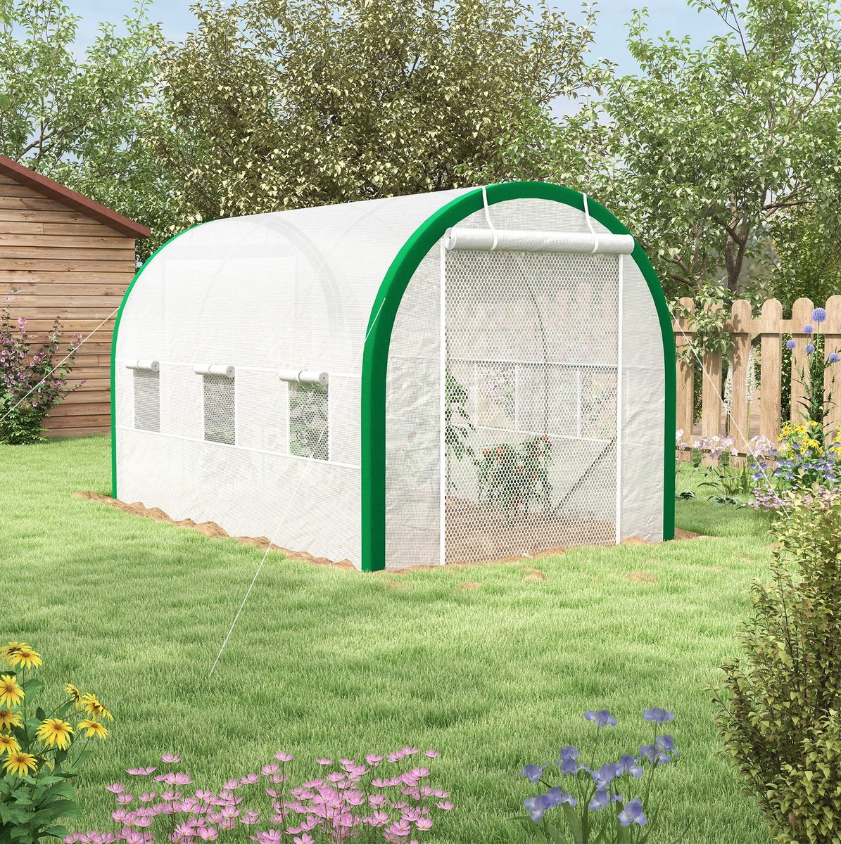 COVREO Tunnelkas 358x210x210 cm wit, stalen frame met oprolbare deur