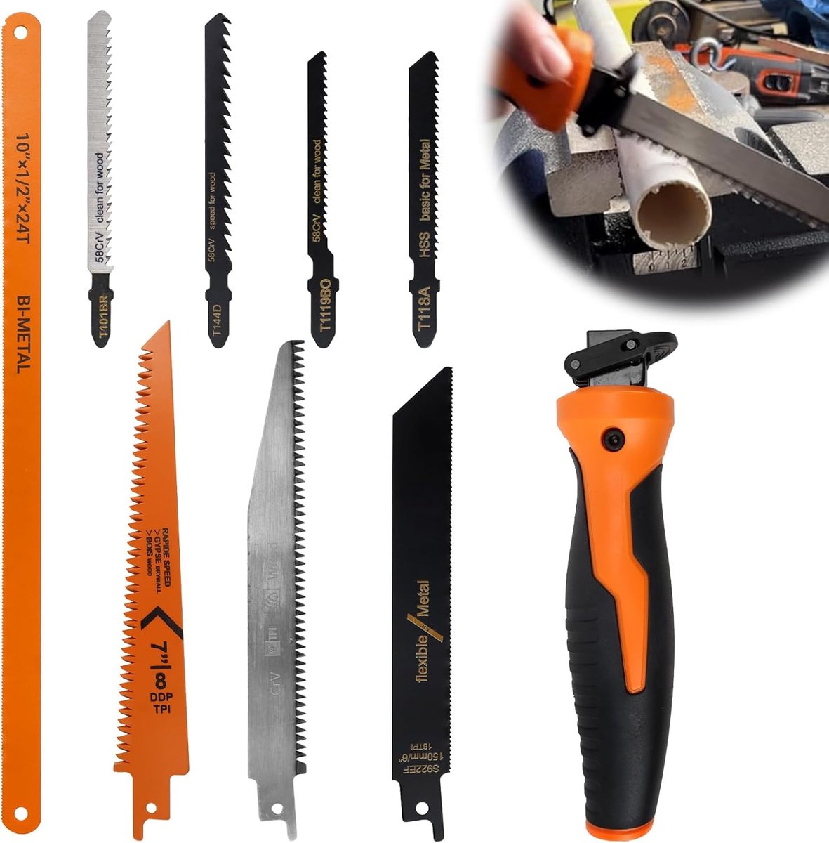 SnelShoppen - Handzaagset met 8 Zaagbladen, Hacksaw en Multi-Functionele Mini Hacksaw voor Hout, Plastic, Plywood - Duurzaam, Ergonomisch, Comfortabel