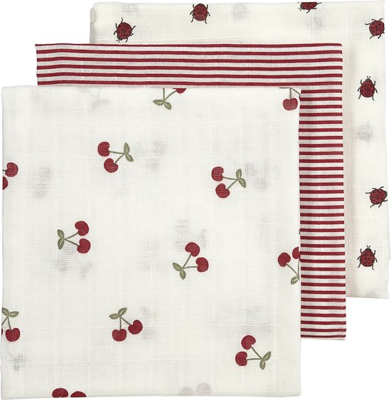 Drie crème hydrofiele doeken met kersenprint, lieveheersbeestjes en rood-wit gestreepte rand.