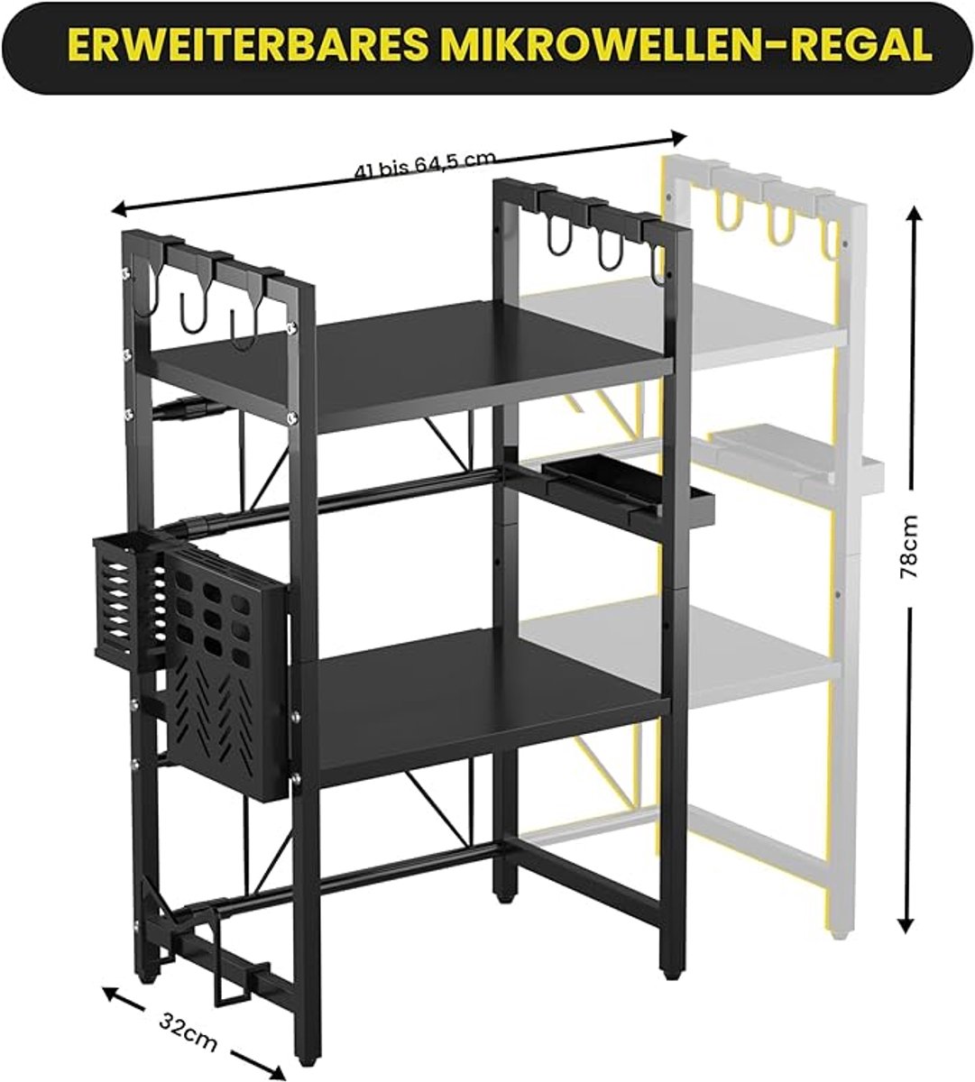 Uitschuifbaar magnetronrek met 3 verdiepingen, 2 planken, magnetronstandaard voor aanrecht, frame voor heteluchtfriteuse, broodrooster en koffiezetapparaat