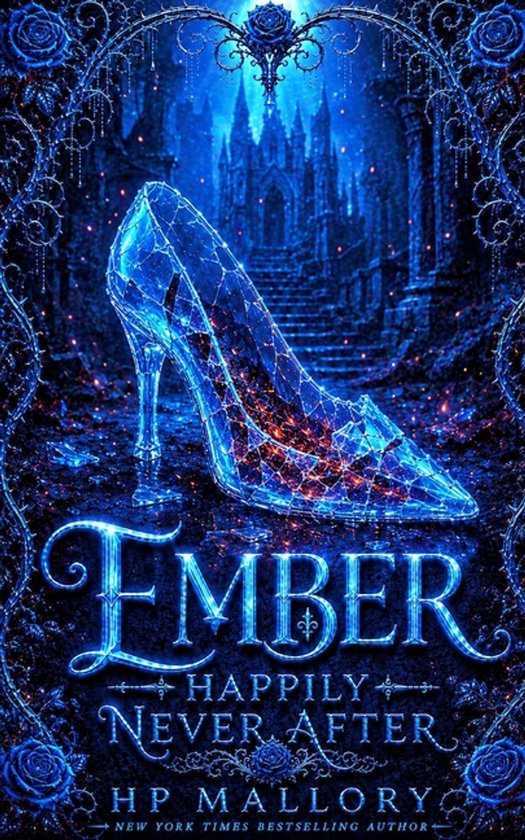 Couverture de livre : soulier de verre devant un château bleu sombre. Texte : Ember Happily Never After.