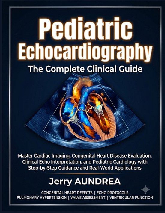 Couverture de livre : "Pediatric Echocardiography" avec une échographie cardiaque infantile en bleu et or.