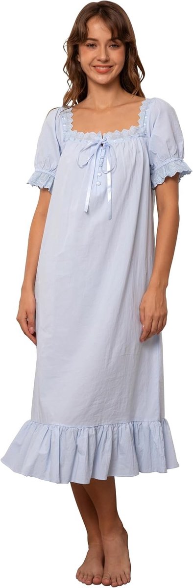 Victoriaanse Katoenen Nachtjapon voor Dames in Vintage Stijl met Korte/Lange Mouwen en Rimpelrand, Ideaal als Slaap- of Loungewear