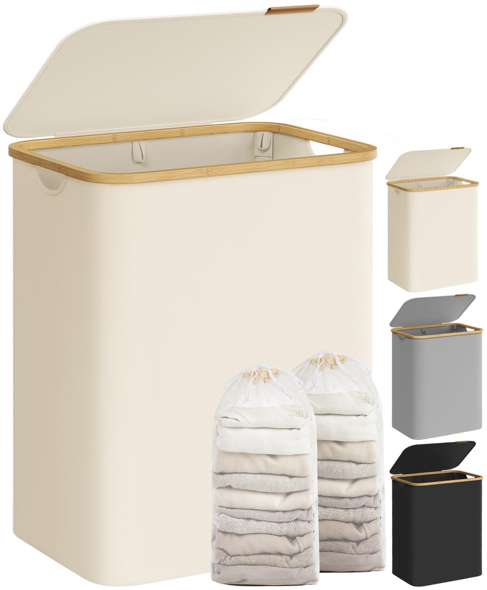 Omgoods- Wasmand met deksel 130 l - 2-vaks wassorteerder - Opvouwbaar - Bamboe handgrepen - Oxford-stof - 52 x 38,5 x 70,5 cm - Wascontainer