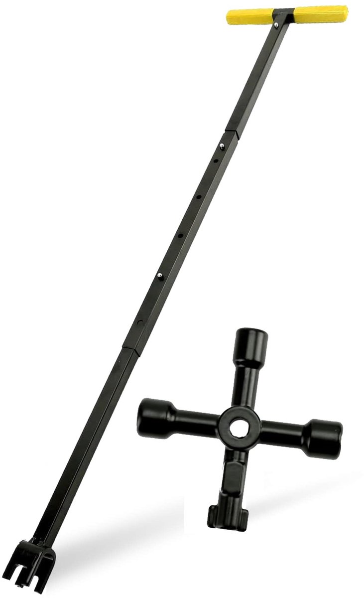 Omgoods- Watermetersleutel T-vormig design - Opvouwbare Stalen Handgreep - Multifunctioneel Gereedschap - Wateruitschakelgereedschap - 4 Sleutels voor Ventielen - 20 x 95 cm - Waterafsluiter Sleutel