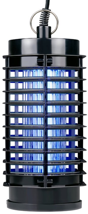 Zwarte cilindervormige insectenlamp met blauw licht, hangend.