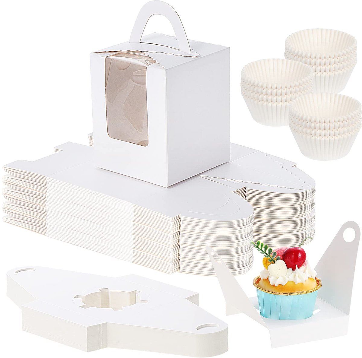 Omgoods - 50 Stuks Individuele Cupcakeboxen met Ramen, Witte Dozen