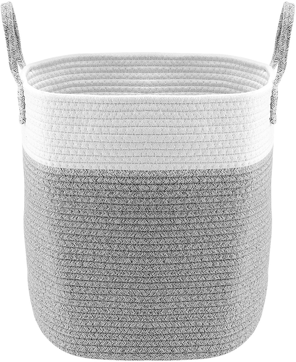 Omgoods - Ronde Woven Opbergmand met Handvat - 33x33x43cm Grijs Katoen