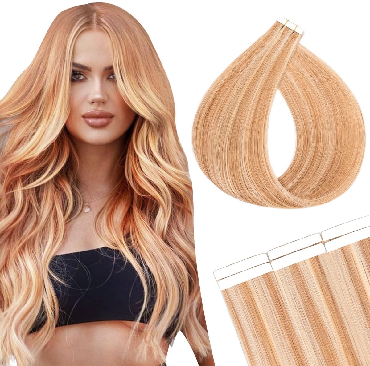 Omgoods - 10 Stuks Tape-in Haarextensions - 22 Inch Dunne Tape, Licht Goudbruin met Blond