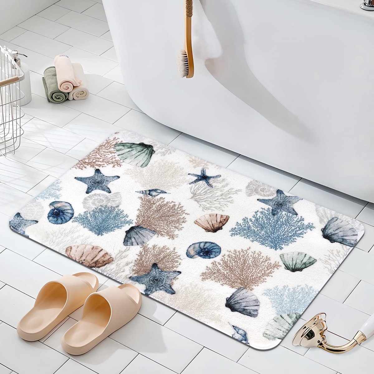 Omgoods - Coastal Badmat met Sterren en Koraalpatroon, Antislip, 50x80 cm, Marineblauw