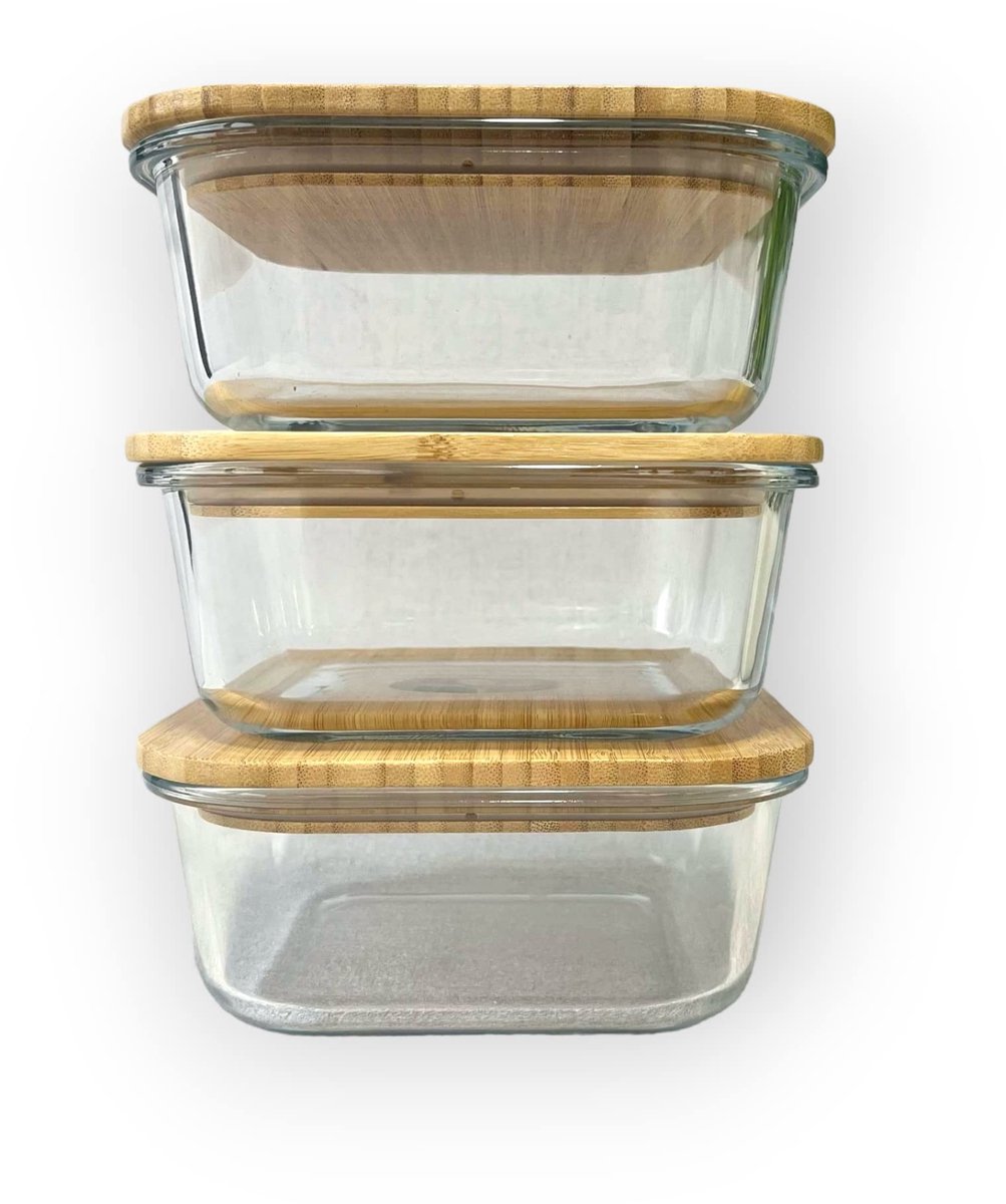 Omgoods - Set van 3 Vierkante Glazen Voedselcontainers met Deksel