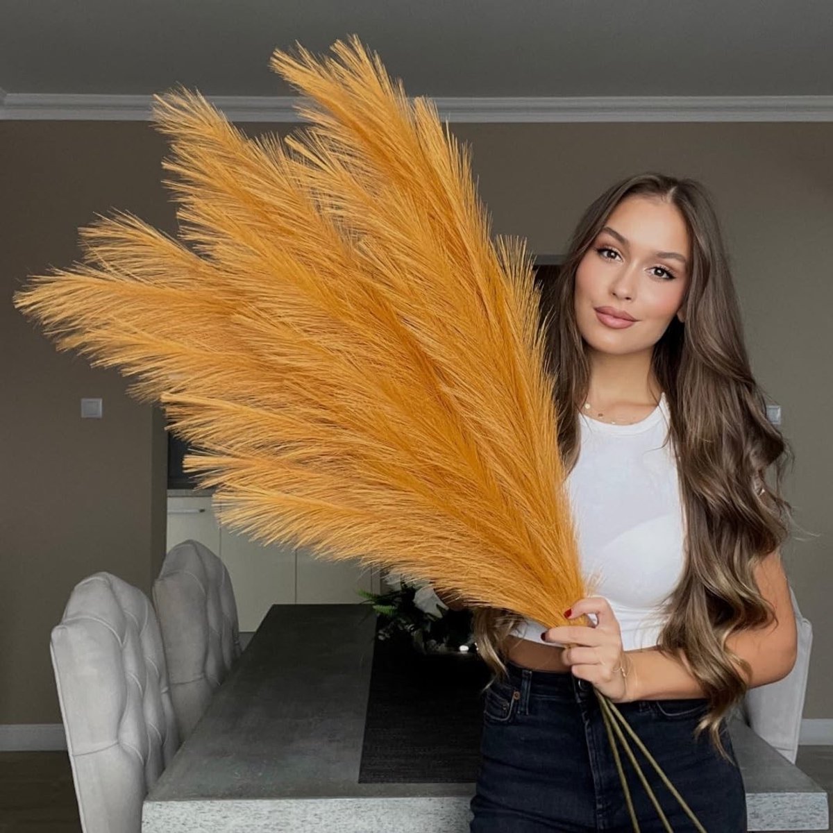Omgoods - Extra Lange Oranje Nep Pampasgras 115cm 3 Stelen